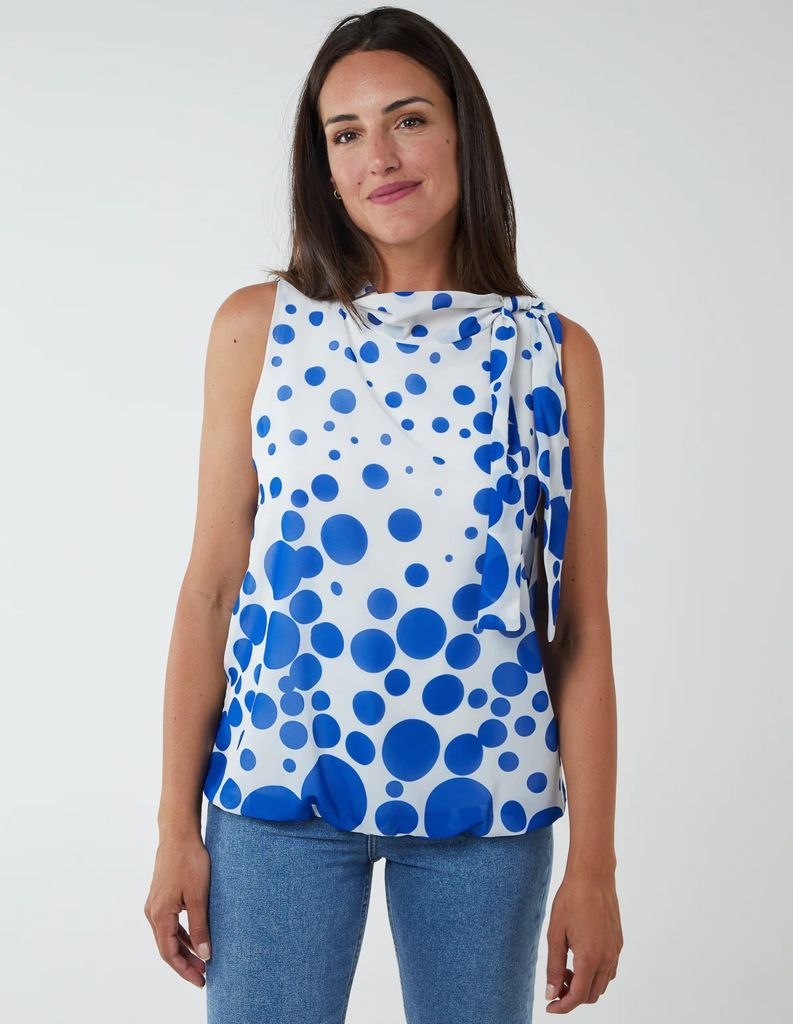Sleeveless Polka Dot Top With Tie Neck - S/M / BRIGHT BLUE
