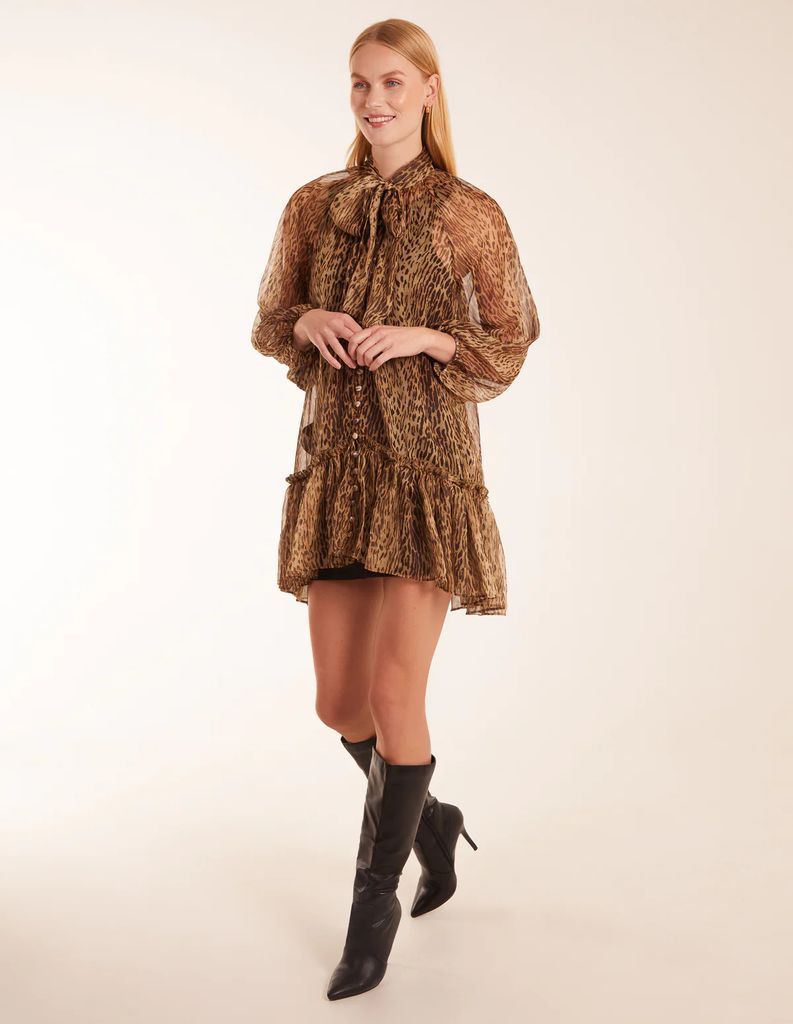 Leopard Print Pussy Bow Frill Shirt Dress - ONE / BROWN