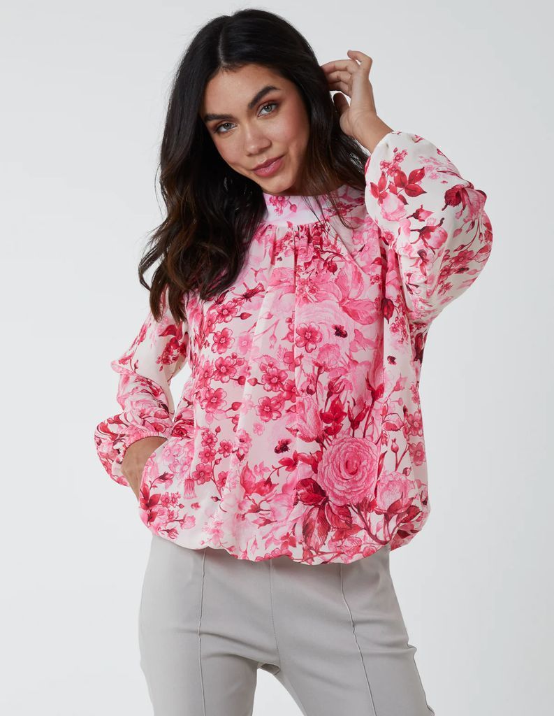 High Neck Floral Print Blouse - S/M / PINK