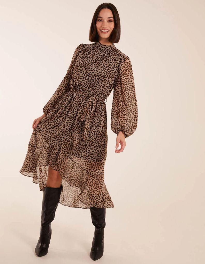 Leopard Print High Neck Wrap Frill Hem Midi Dress - 8 / Tan