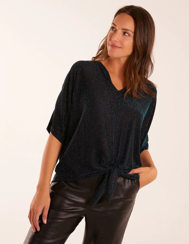 Sparkly V Neck Tie Front Top - S/M / Teal