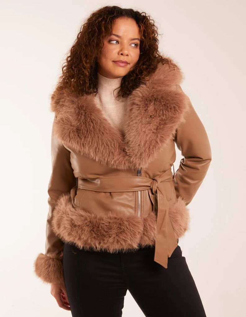 Faux Fur Cropped Leather Look Jacket - 14 / LIGHT BROWN