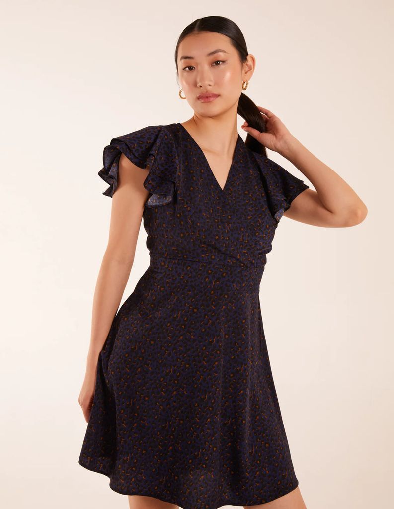 Leopard Print Wrap Ruffle Mini Dress - 8 / NAVY