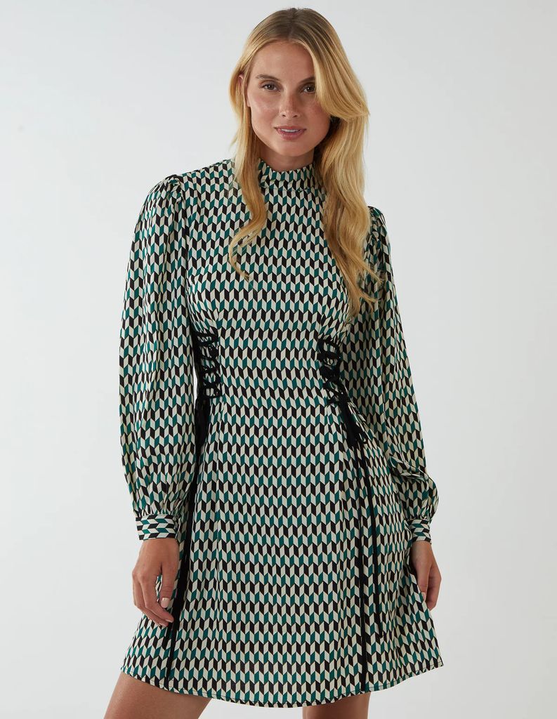 Geometric Print Lace Side Waist High Neck Dress - 8 / GREEN