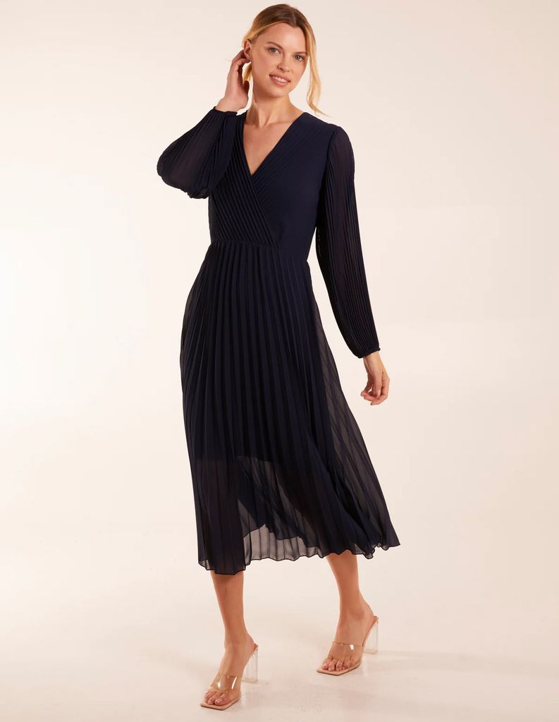 Wrap Front Pleated Maxi Dress - S/M / NAVY