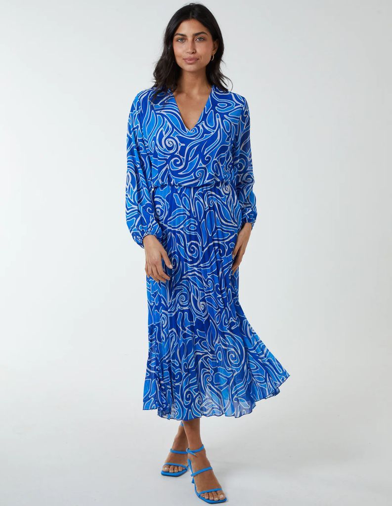 Pleated Wrap Front Dress - M / BLUE