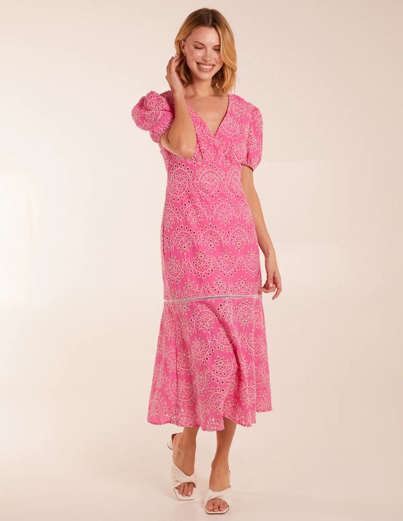 Broderie Anglaise Puff Sleeve Midi Dress - 10 / PINK