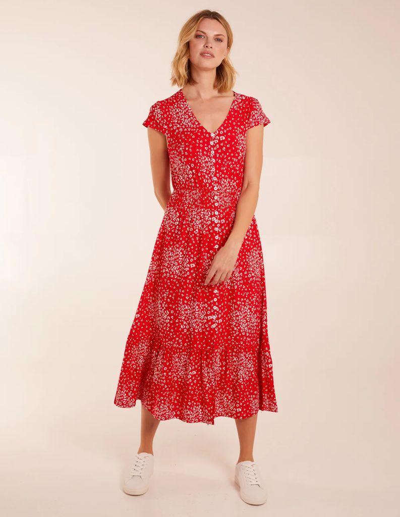 Button Through Shirred Waist Midi Dress - 8 / RED