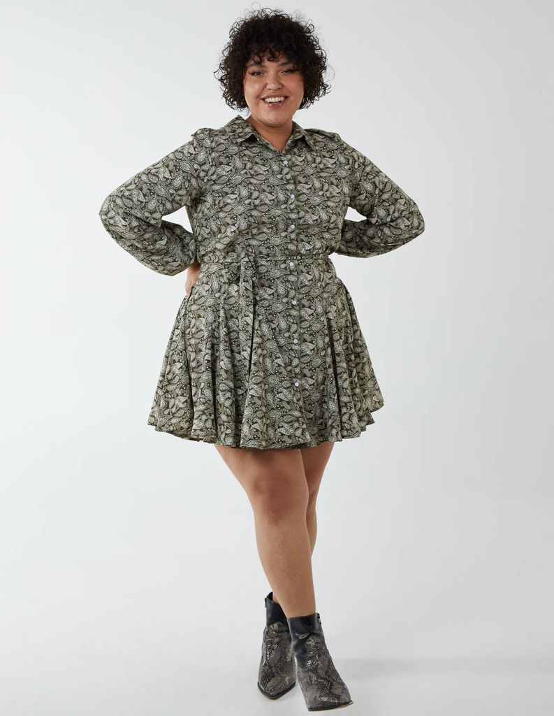 Curve Shirt Mini Dress With Godet Hem - 26 / KHAKI