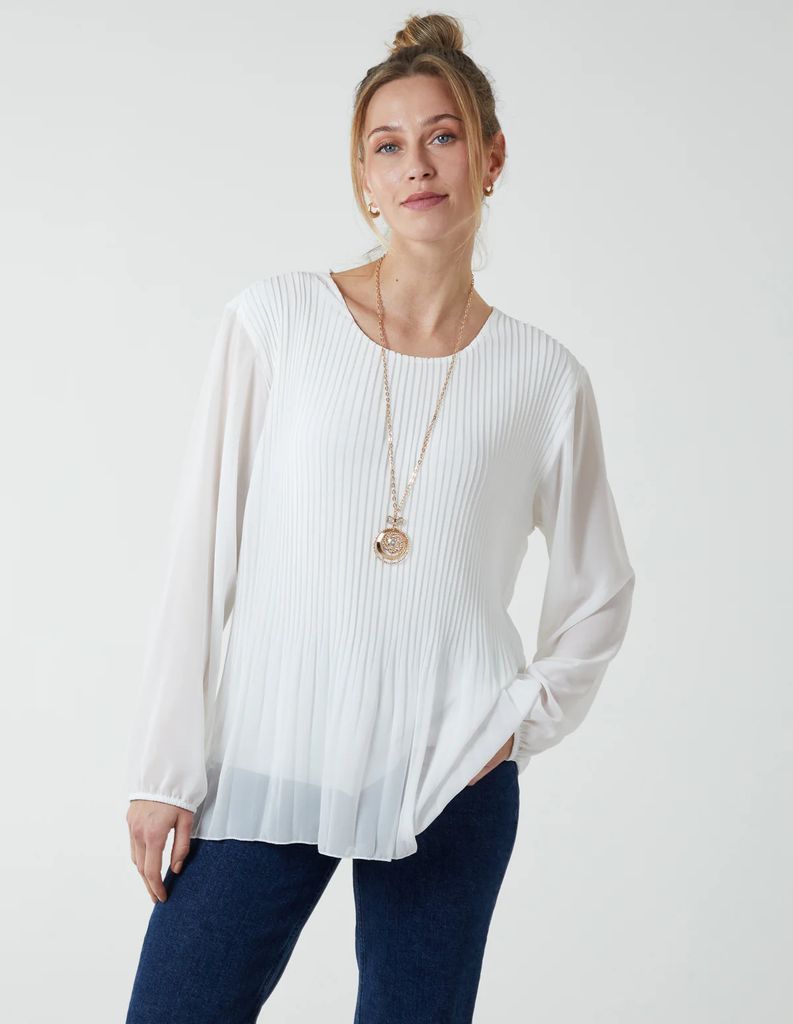 Long Sleeve Pleated Top - ONE / IVORY