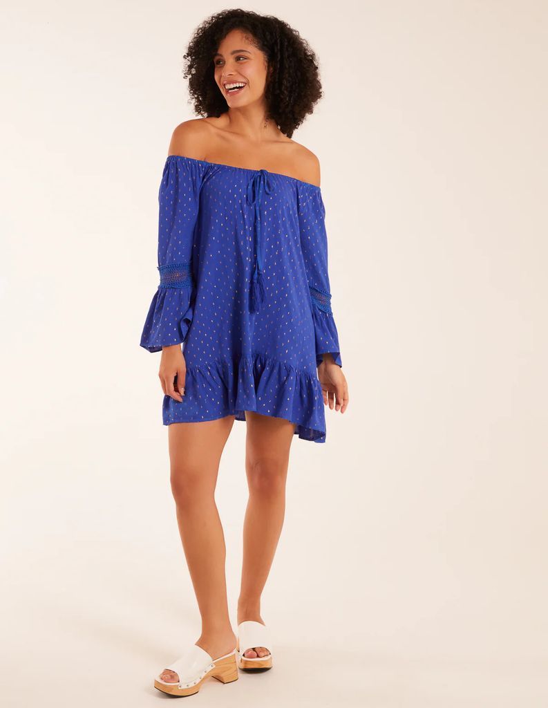 Bardot Tunic Dress With Frill Hem - ONE / BRIGHT BLUE