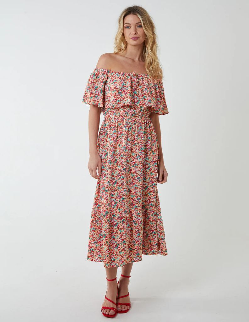 Bardot Ruffle Shoulder Midi Dress - 8 / PINK PATTERN