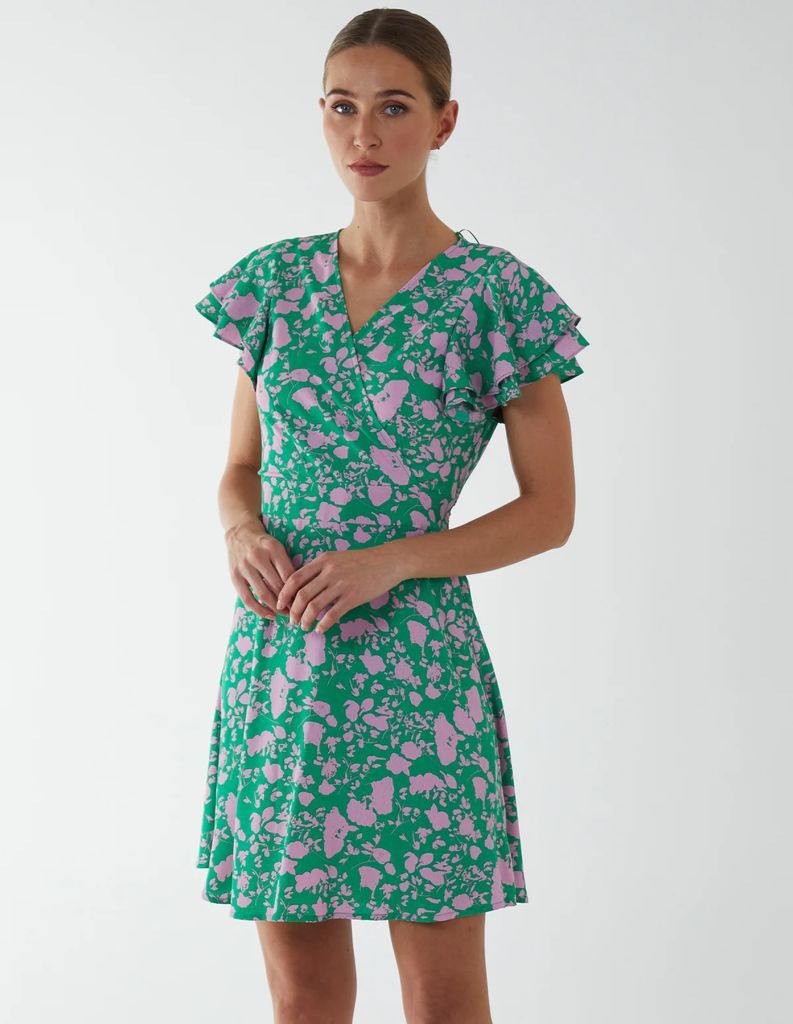 Wrap Ruffle Mini Dress - 12 / GREEN PATTERN