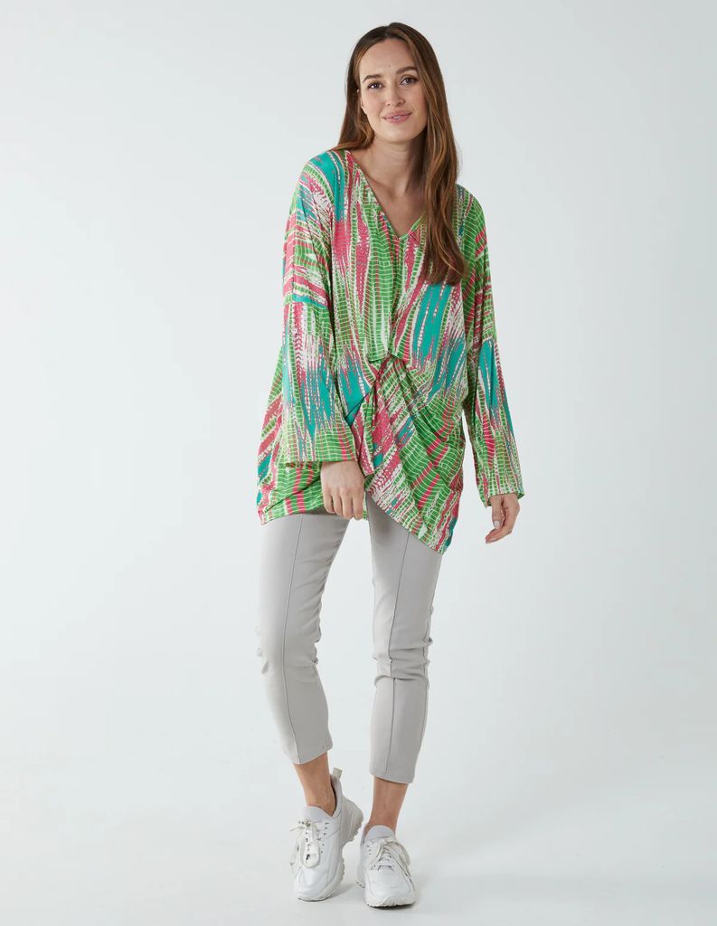 Twist Front Abstract Long Sleeve Top - ONE / GREEN