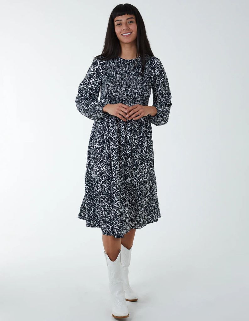 Floral Long Sleeve Tiered Dress - 8 / NAVY