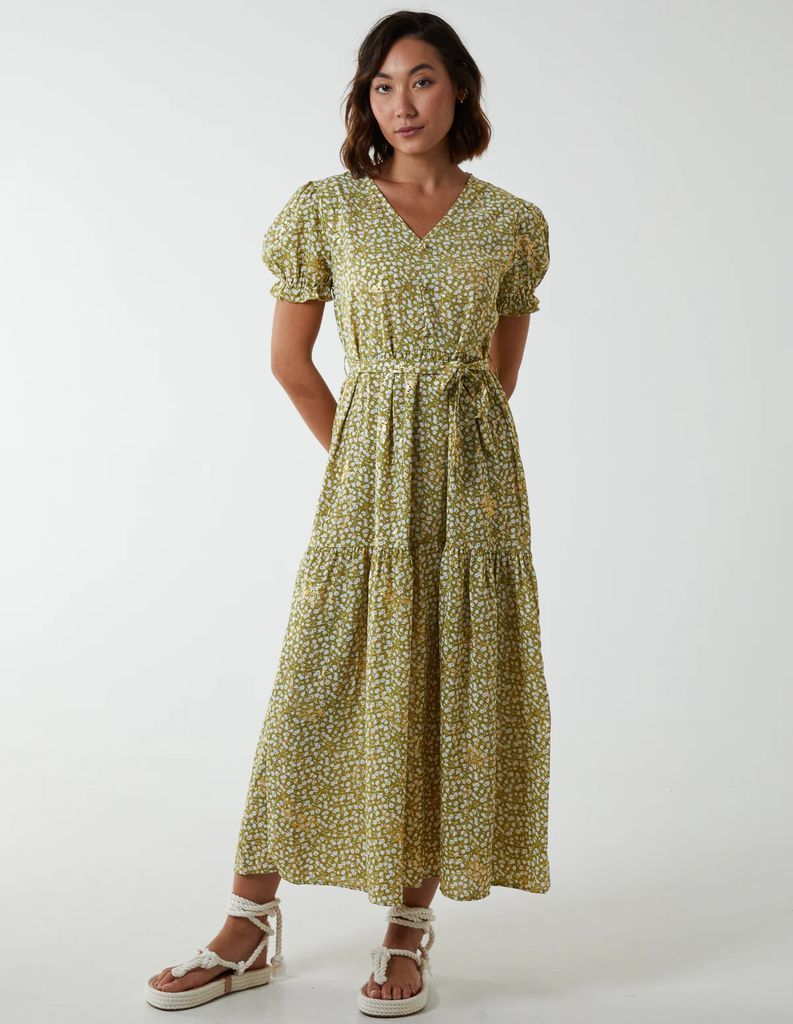 Belted Ditsy Maxi Dress - 8 / LIME