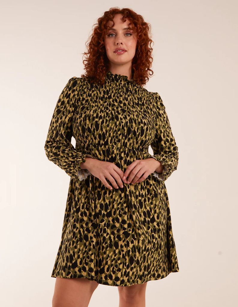 Curve Leopard Print Shirred Trapeze Mini Dress - 18 / GREEN