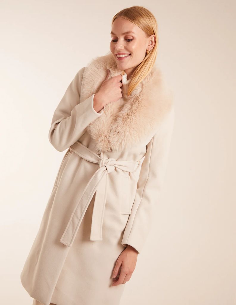Faux Fur Collared Belted Coat - 8 / STONE