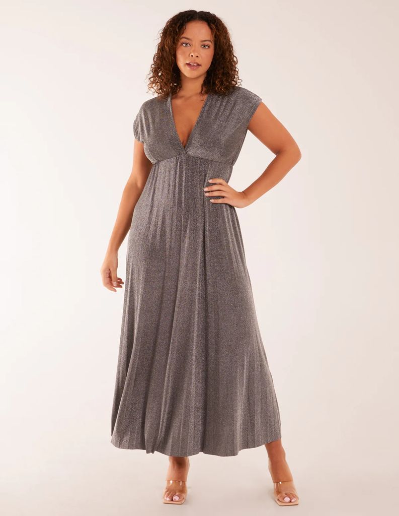 Metallic Pleated Double V Neck Dress - ONE / SILVER