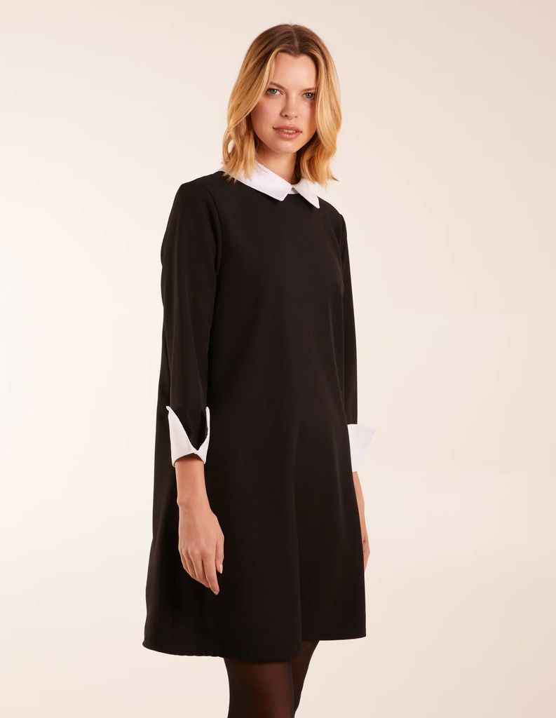 Collar & Cuff A Line Side Pocket Dress - S/M / BLACK/WHITE