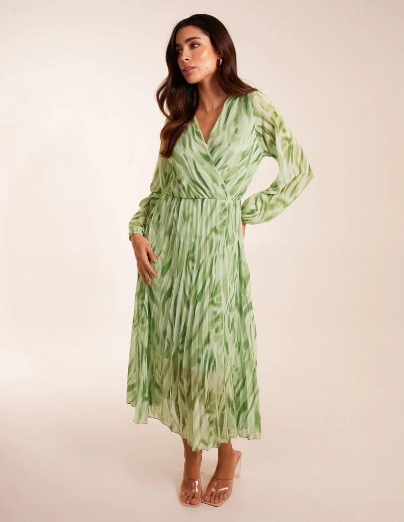 Abstract Wrap Pleated Midi Dress - M / GREEN