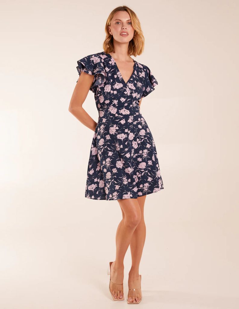 Floral Frill Sleeve Mini Dress - 8 / NAVY