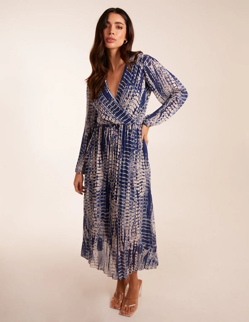 Pleated Abstract Snake Print Wrap Dress - S/M / NAVY