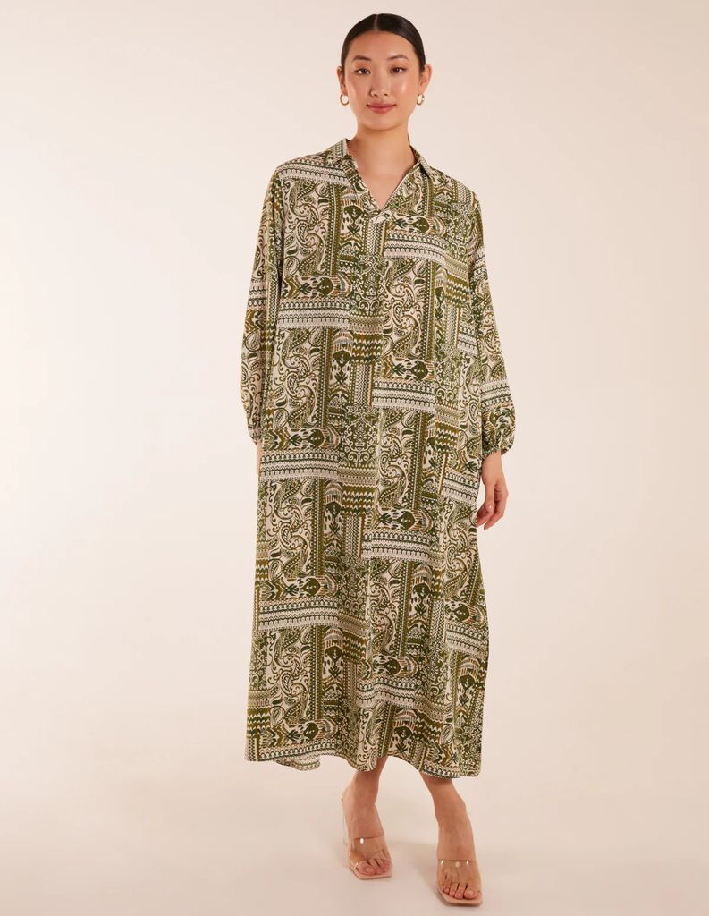 Floral Print Midi Shirt Dress - ONE / KHAKI