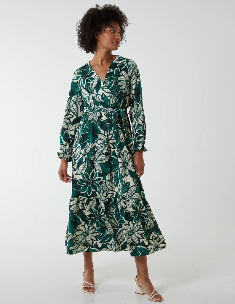 Abstract Floral Belted Maxi Dress - 10 / GREEN