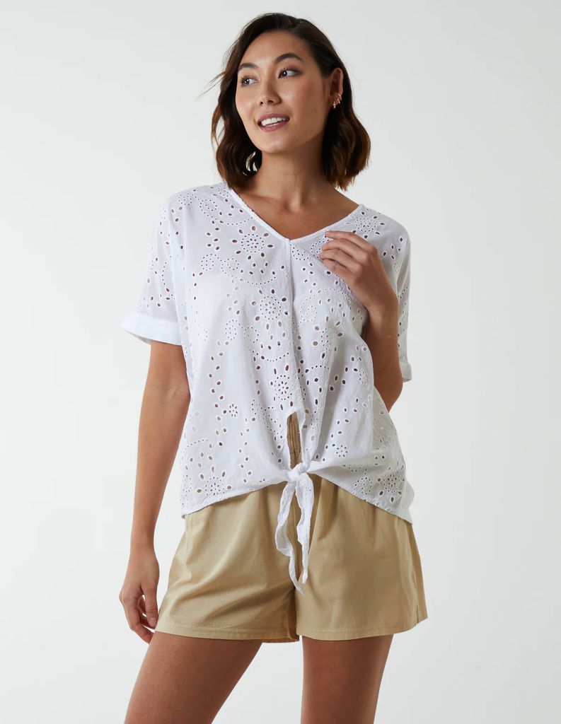 Broderie Batwing Knot Front Top - S / WHITE