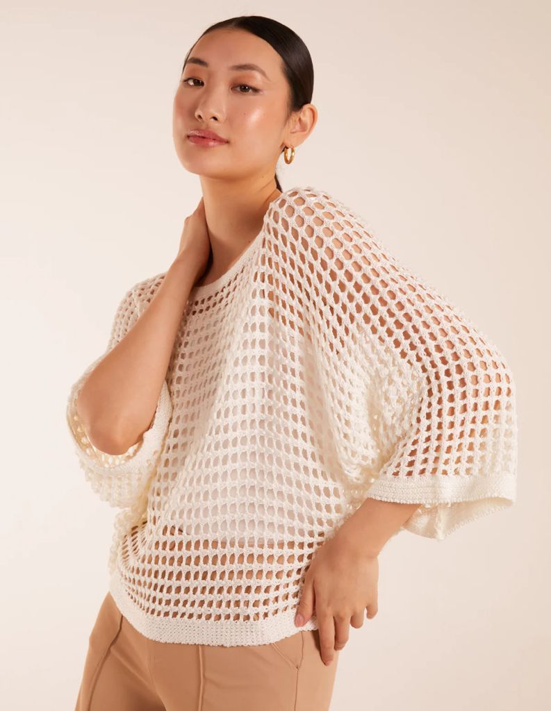 Round Neck Crochet Net Top - S/M / WHITE