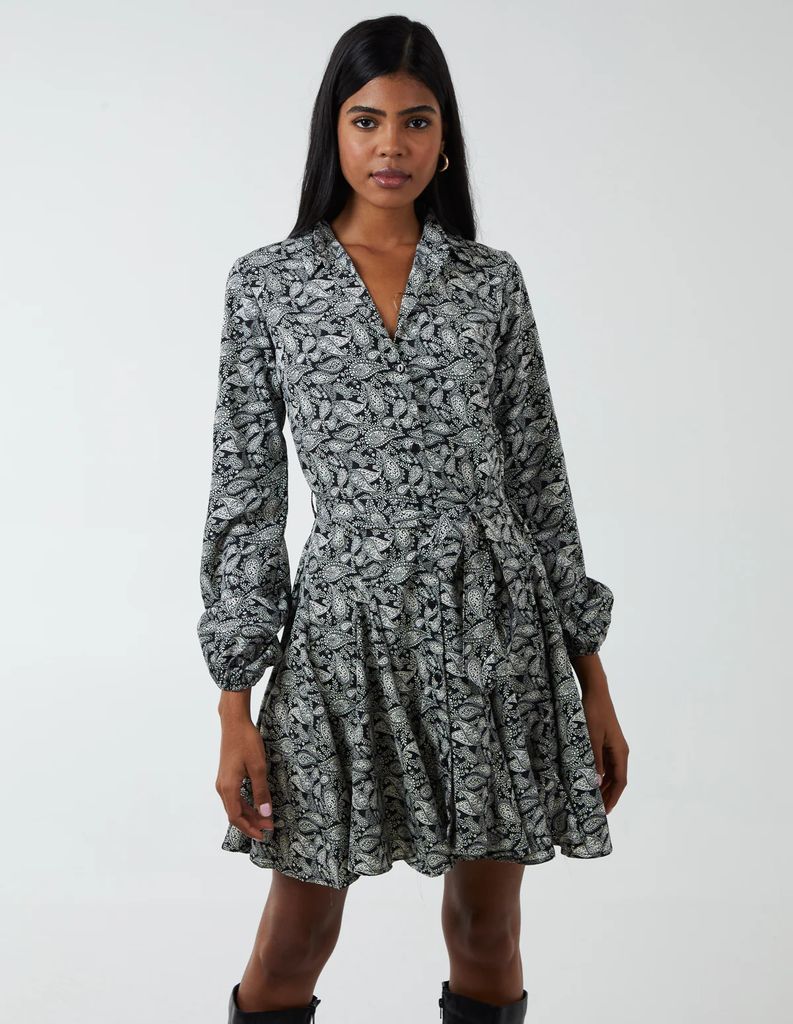 Shirt Mini Dress With Godet Hem & Tie - 10 / BLACK