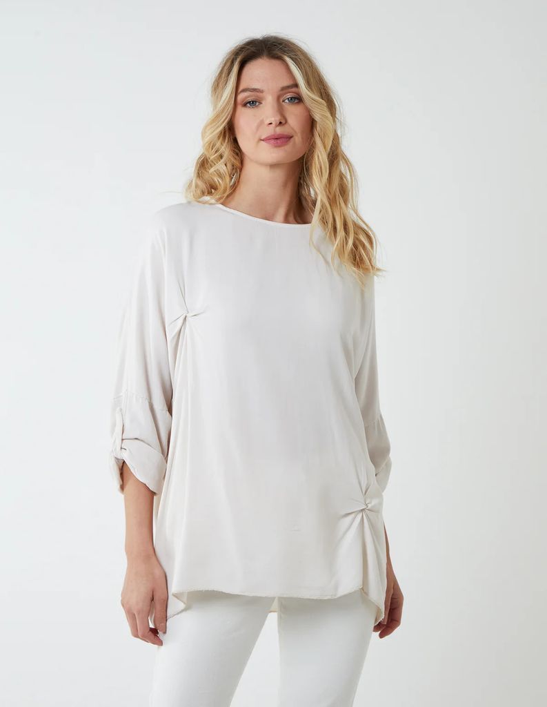 Double Twist Oversize Turn Back Sleeve Top - ONE / BEIGE