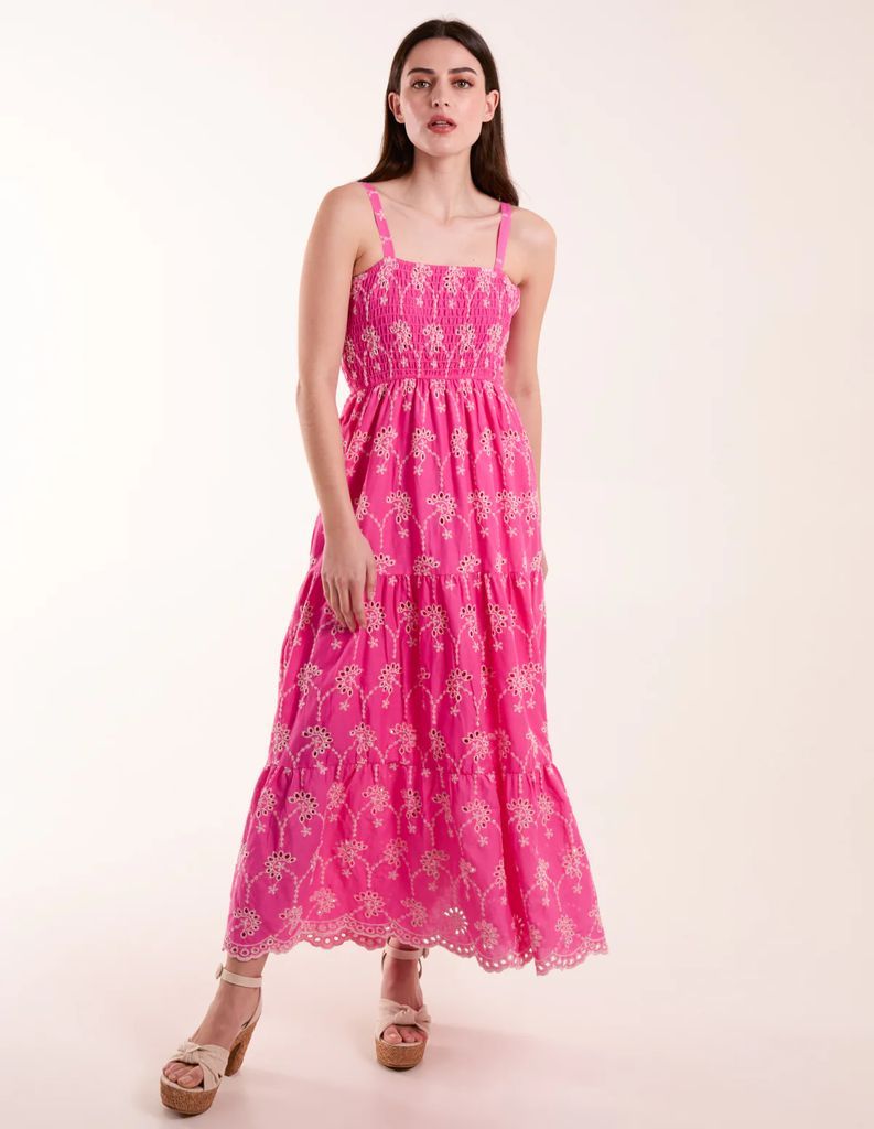 Broderie Anglaise Shirred Bust Dress - S / PINK