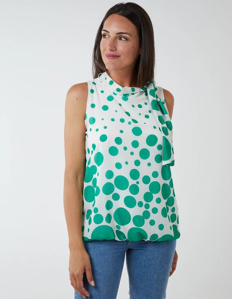Sleeveless Polka Dot Top With Tie Neck - S/M / GREEN