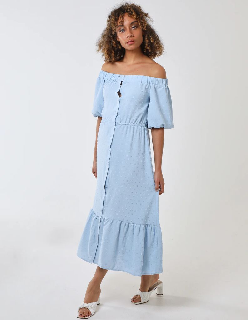 Bardot Button Through Midi Dress - 12 / Light Blue