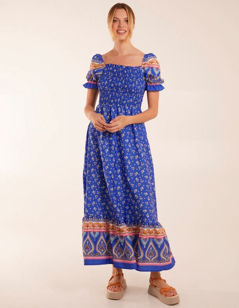 Shirred Floral Maxi Dress - 8 / BLUE
