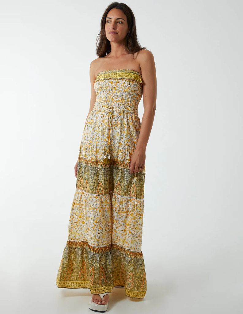 Bandeau Shirred Maxi Dress - M / Yellow