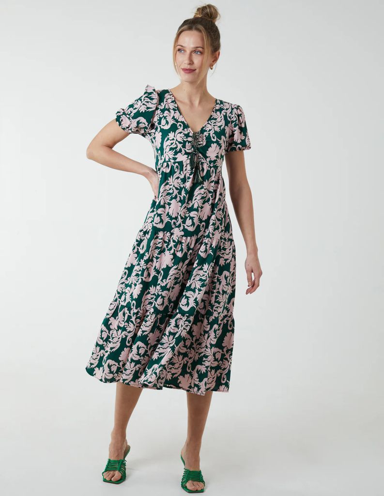 V Neck Trapeze Dress With Chanelled Bust - 8 / GREEN PATTERN