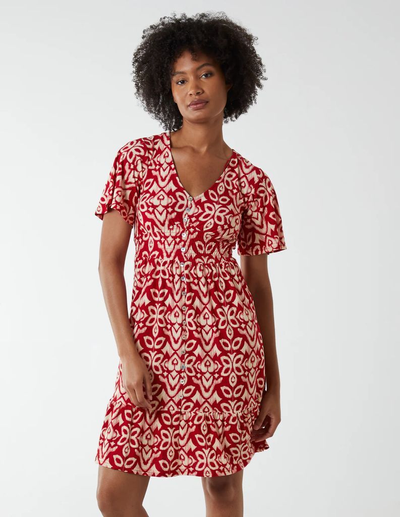 V Neck Shirred Mini Tea Dress With Split - 10 / RED