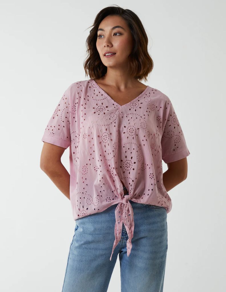 Broderie Batwing Knot Front Top - S / PINK