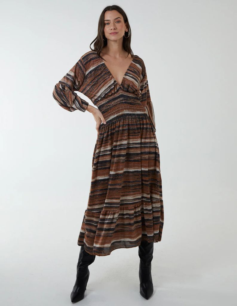 Metallic Space Dye Stripe V Neck Dress - S/M / BROWN PATTERN