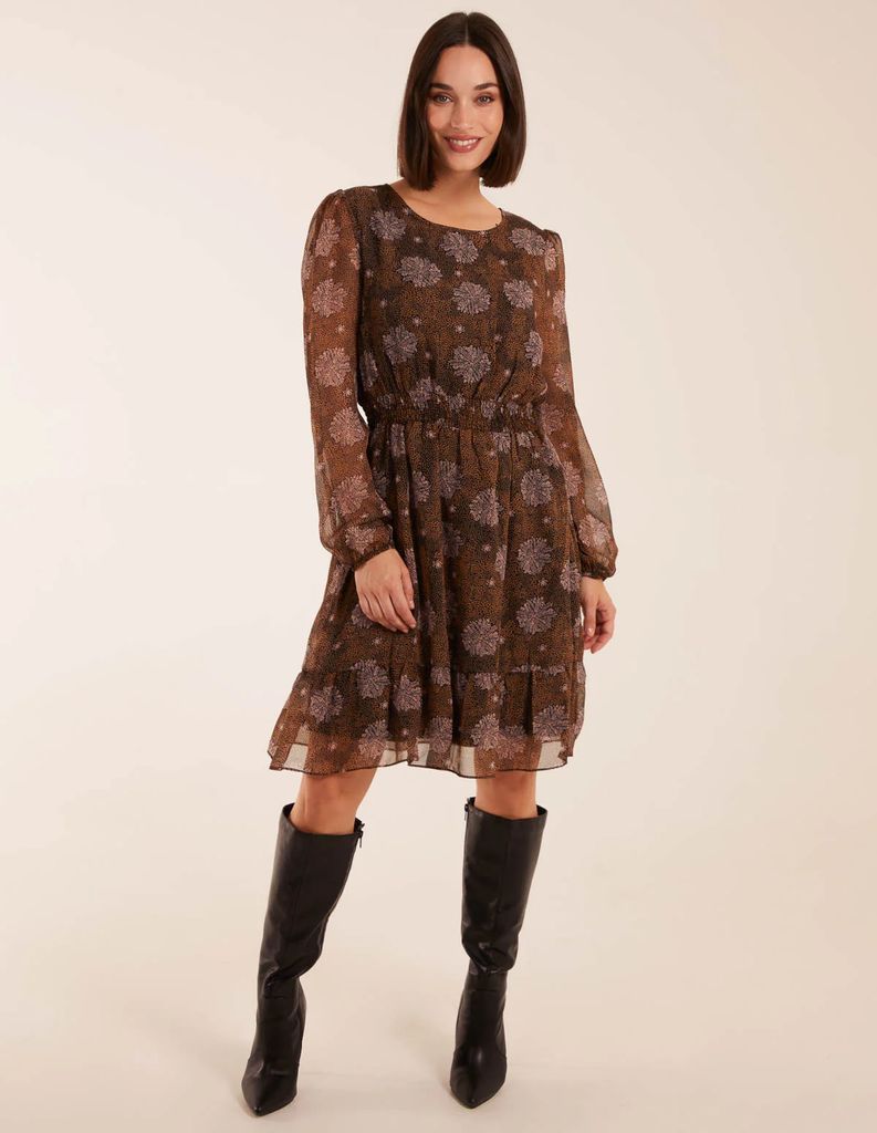 Shirred Mini Dress - 8 / BROWN PATTERN