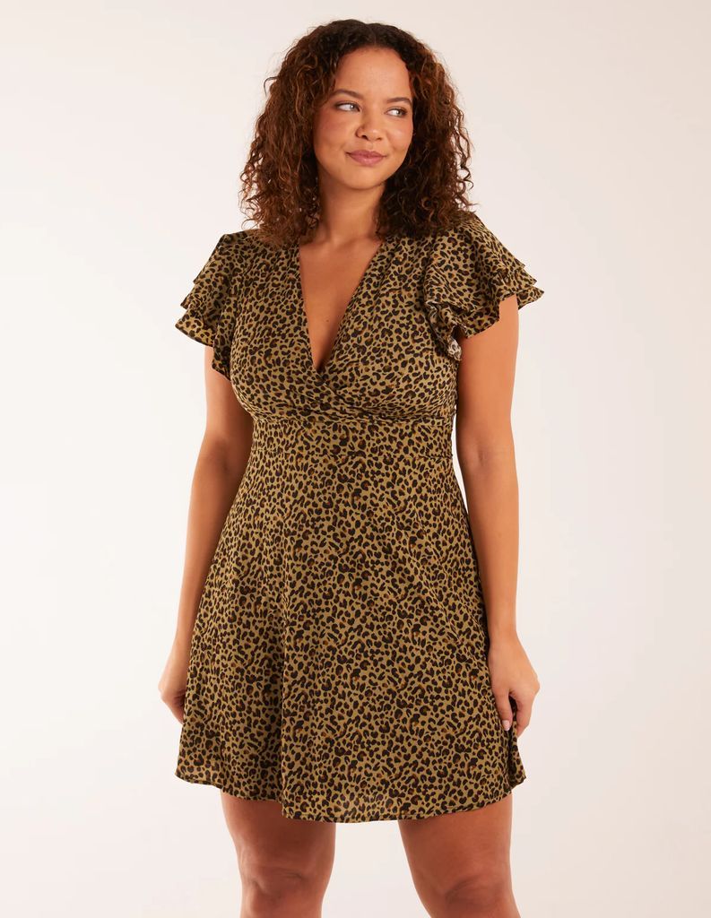 Leopard Print Wrap Ruffle Mini Dress - 10 / KHAKI