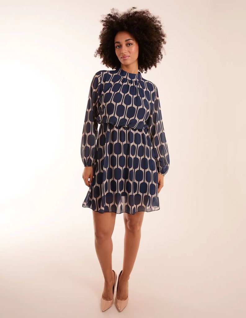 Geometric Print Dress - S / NAVY