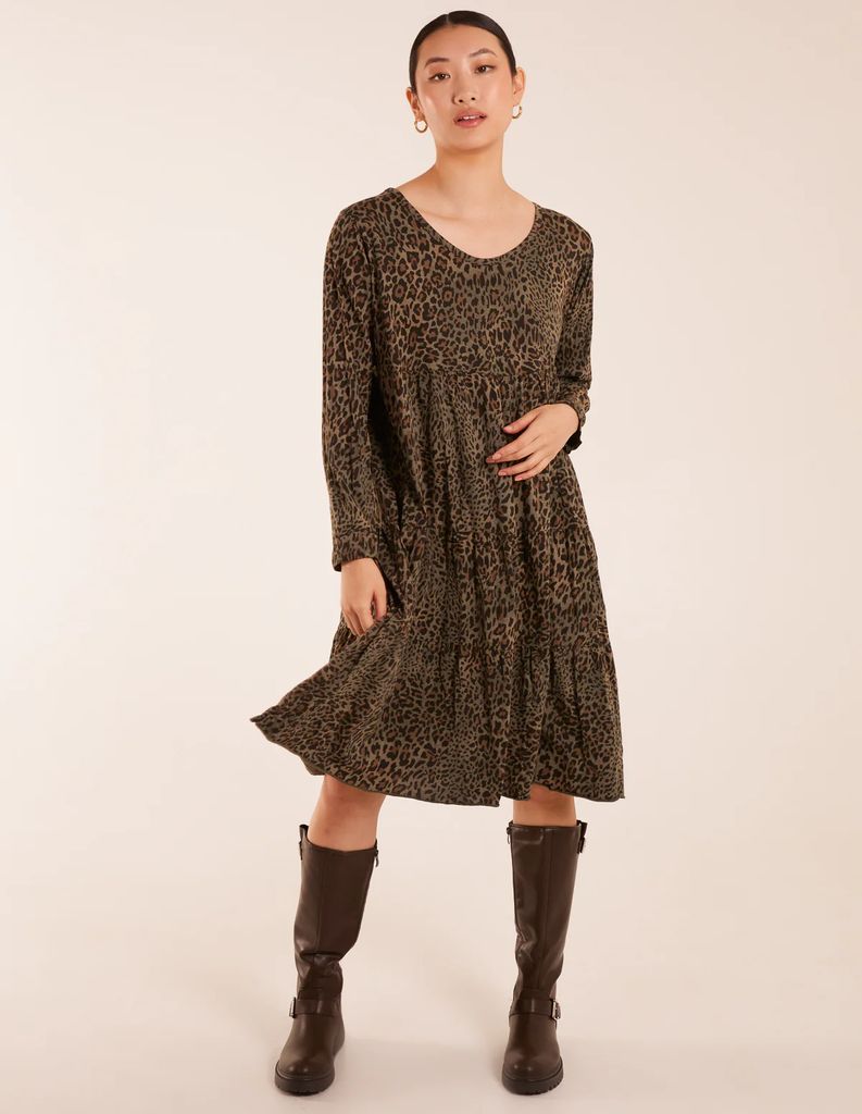 Tiered Leopard Roll Sleeve Smock Dress - ONE / KHAKI