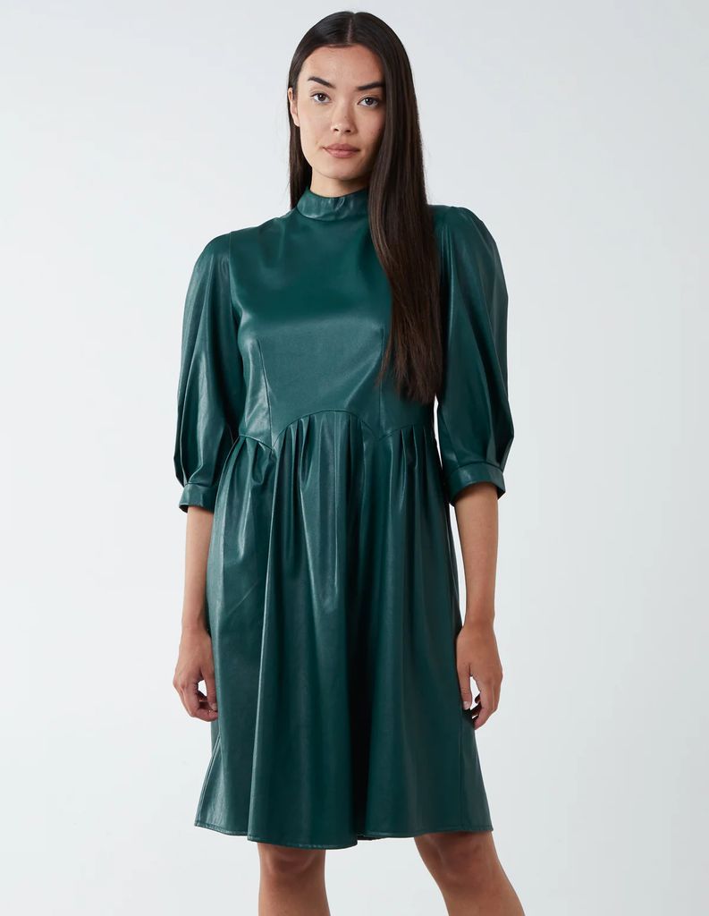 High Neck PU Dress - 8 / Bottle Green