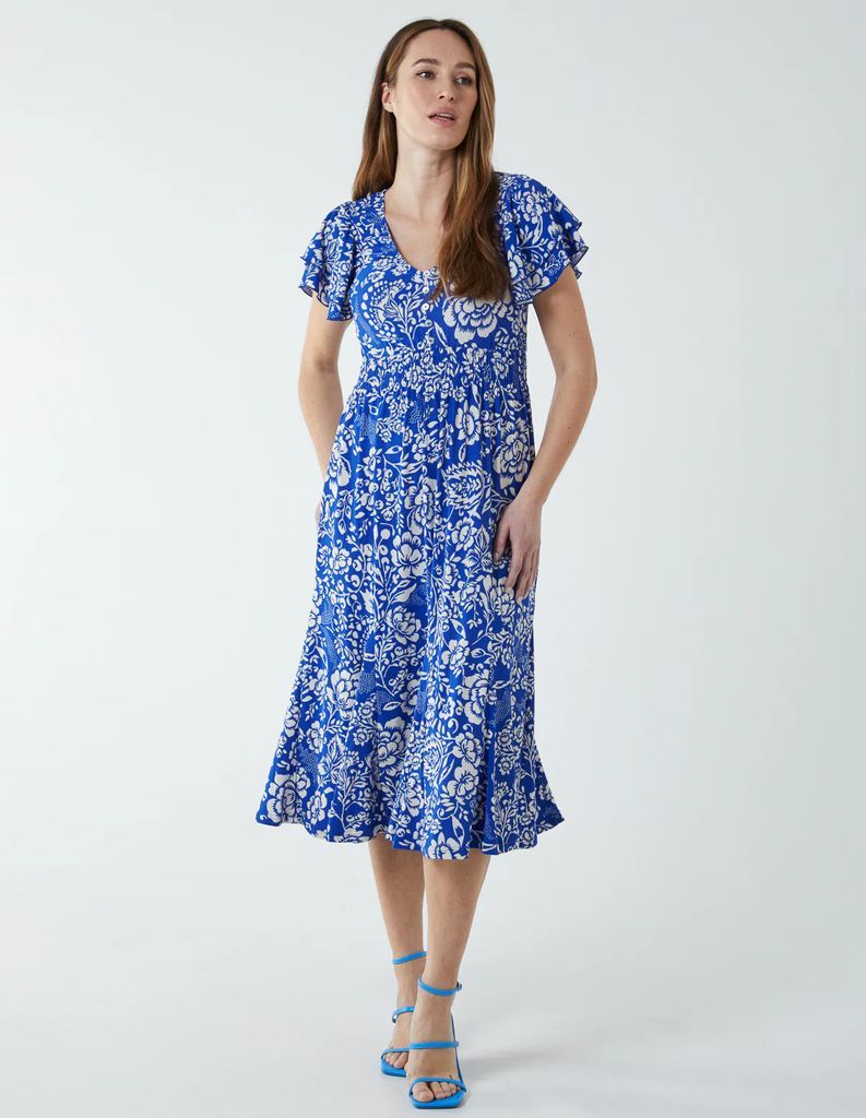 Ruffle Sleeve Elasticated Godet Midi Dress - 8 / BRIGHT BLUE