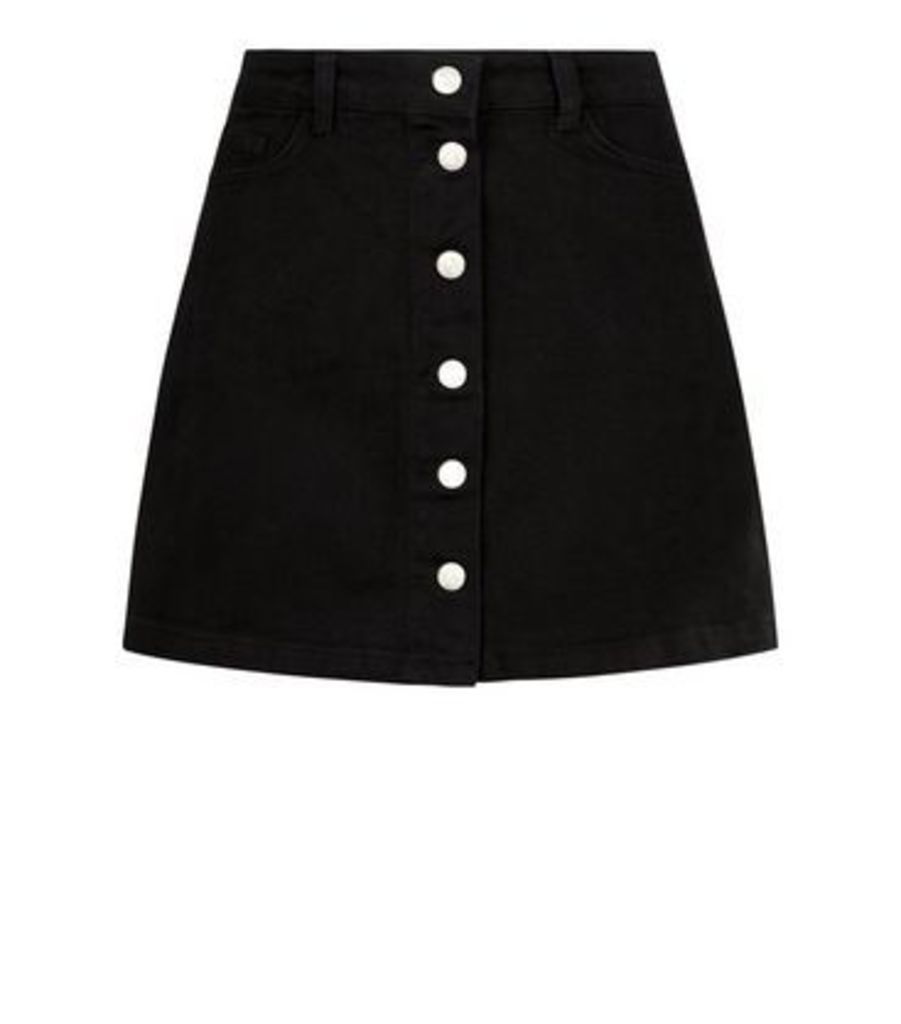 Petite Black Button Front Denim Mini Skirt New Look