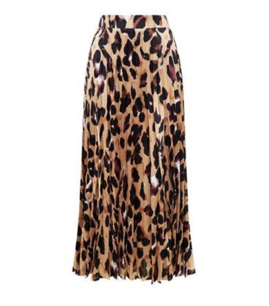 Brown Leopard Print Pleated Satin Midi Skirt New Look